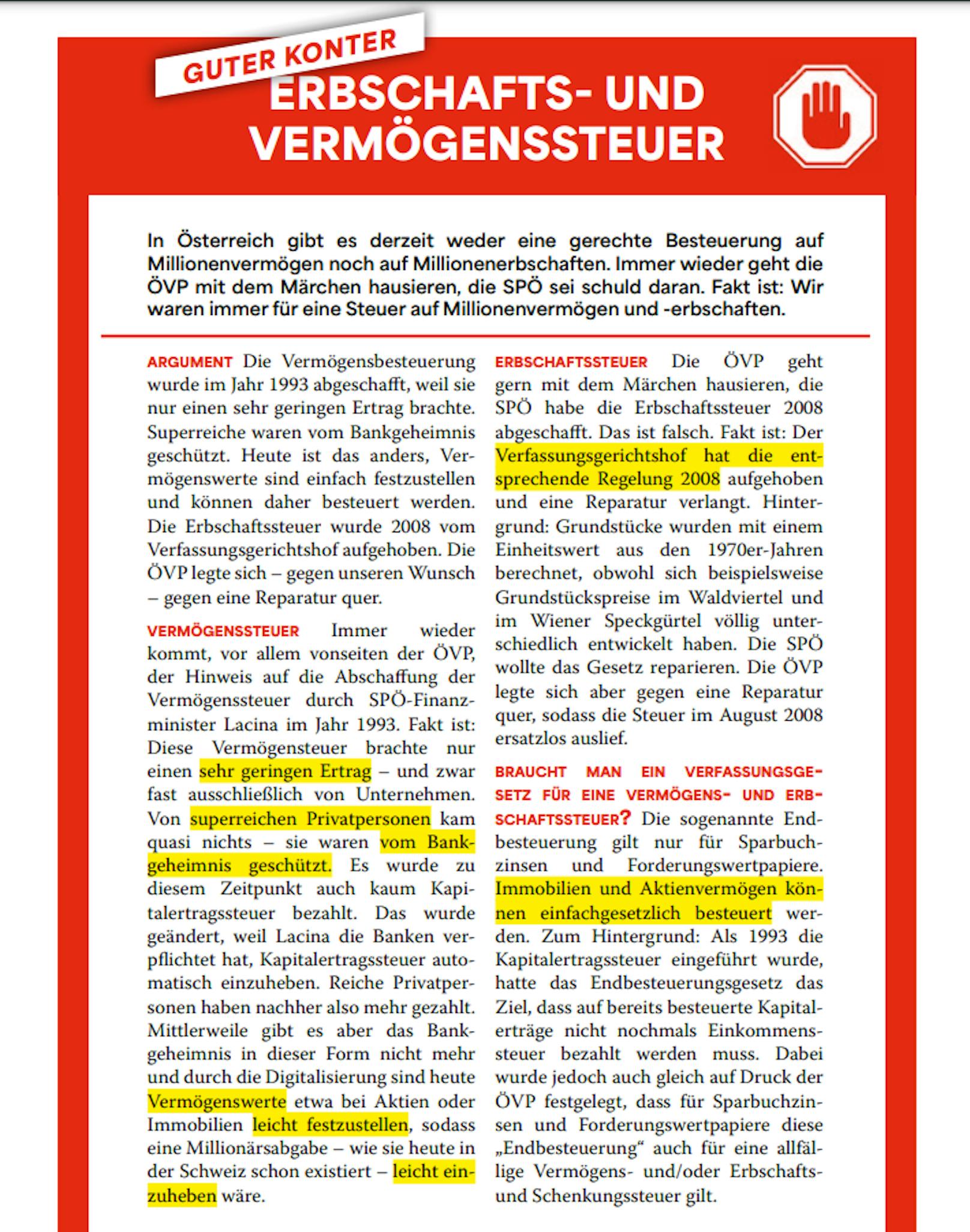 Folgende Konter werden SPÖ-Mitgliedern zum Thema Vermögenssteuer vorgeschlagen.