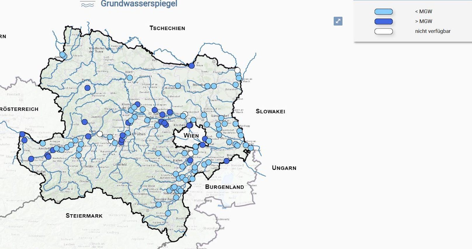 In diesen Gemeinden (hellblau) liegt der Grundwasserspiegel unter dem Normalwert. (Stand: 19.7.)