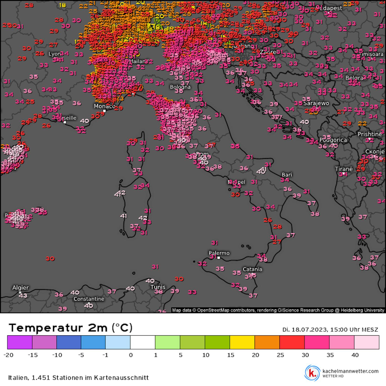 <strong>Höllenhitze in Italien:</strong> Messerwerte vom 18. Juli 2023, 15 Uhr.