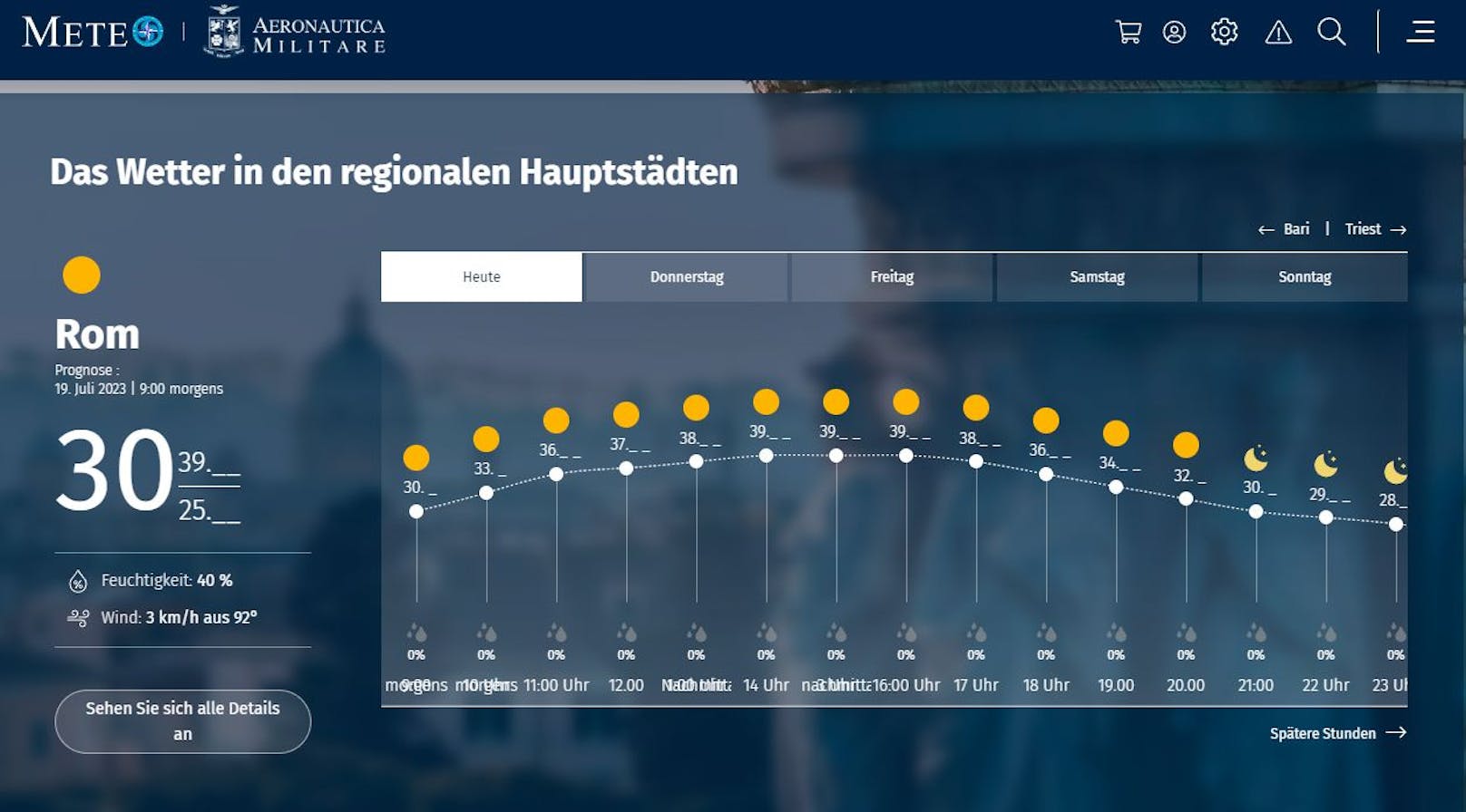 Auch der Wetterdienst von Italiens Luftwaffe MeteoAM rechnet mit um die <strong>39 Grad in Rom</strong> selbst.