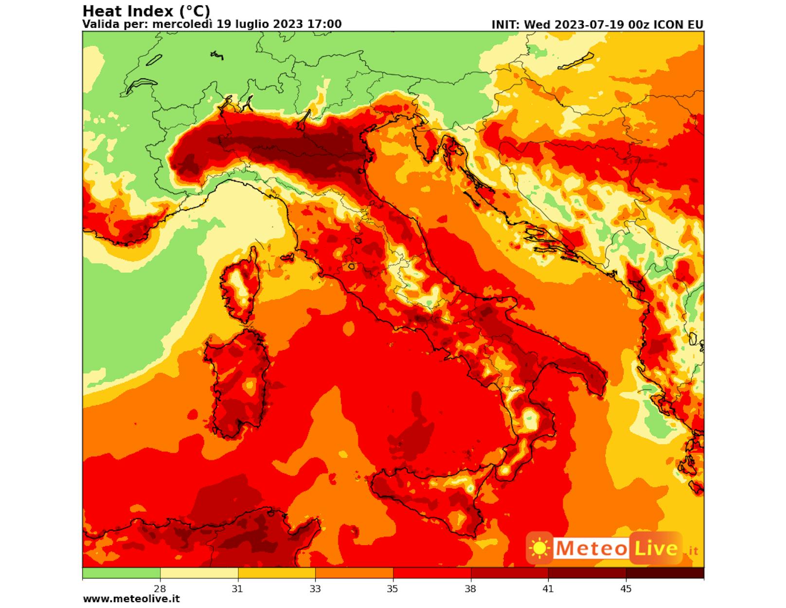 <strong>Höllenhitze in Italien:</strong> Die Prognose für 17 Uhr am 19. Juli 2023.&nbsp;