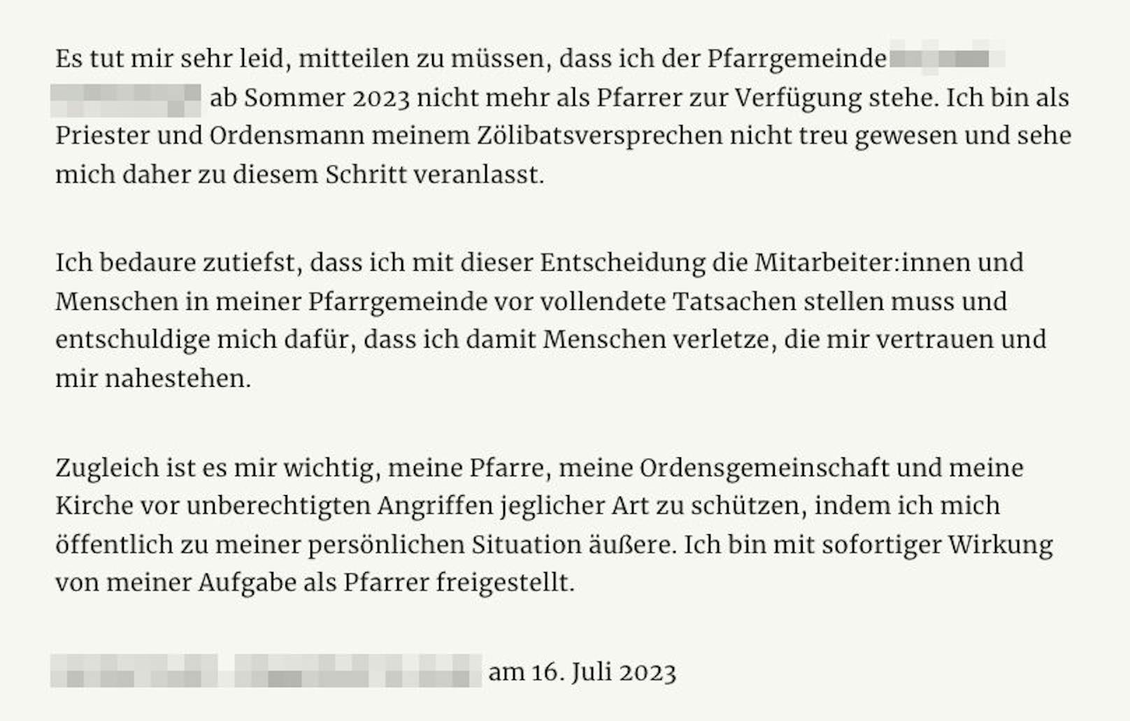 Die gesamte Mitteilung des Pfarrers im Wortlaut.