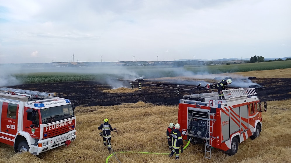 Einsatzmarathon für die Feuerwehren in NÖ: In Obritzberg-Rust brannte ein Weizenfeld (Foto), im Bezirk Krems entdeckte die Polizei einen Waldbrand.