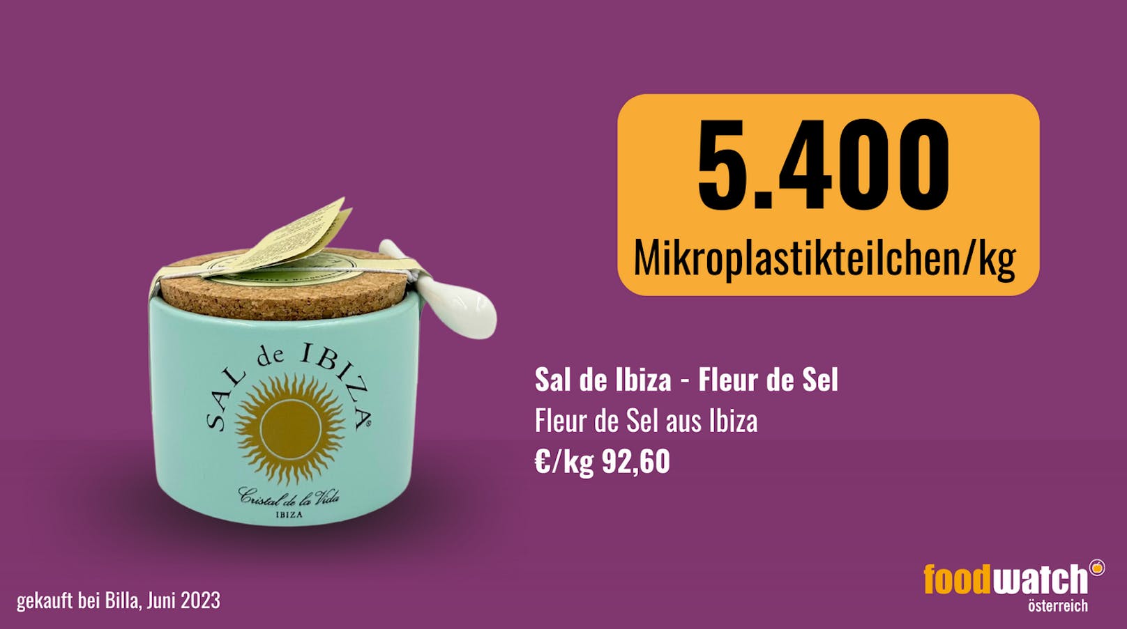 Der Mikroplastik-Partikel-Anteil im Fleur de Sel Ibiza war mit 5.400 Partikeln/kg hoch. Das ist sehr wahrscheinlich auf die Art der Gewinnung dieses Salzes zurückzuführen. Bei der Gewinnung werden die Kristallsalze von der Meeresoberfläche abgeschöpft.