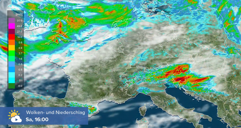 Die Gewitter-Karte für Samstag 16 Uhr.