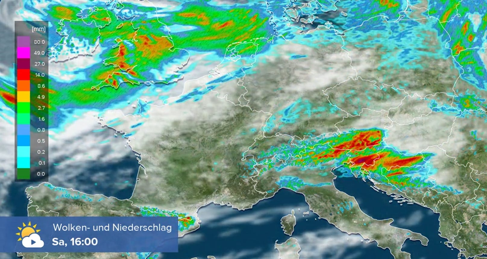 Die Gewitter-Karte für Samstag 16 Uhr.