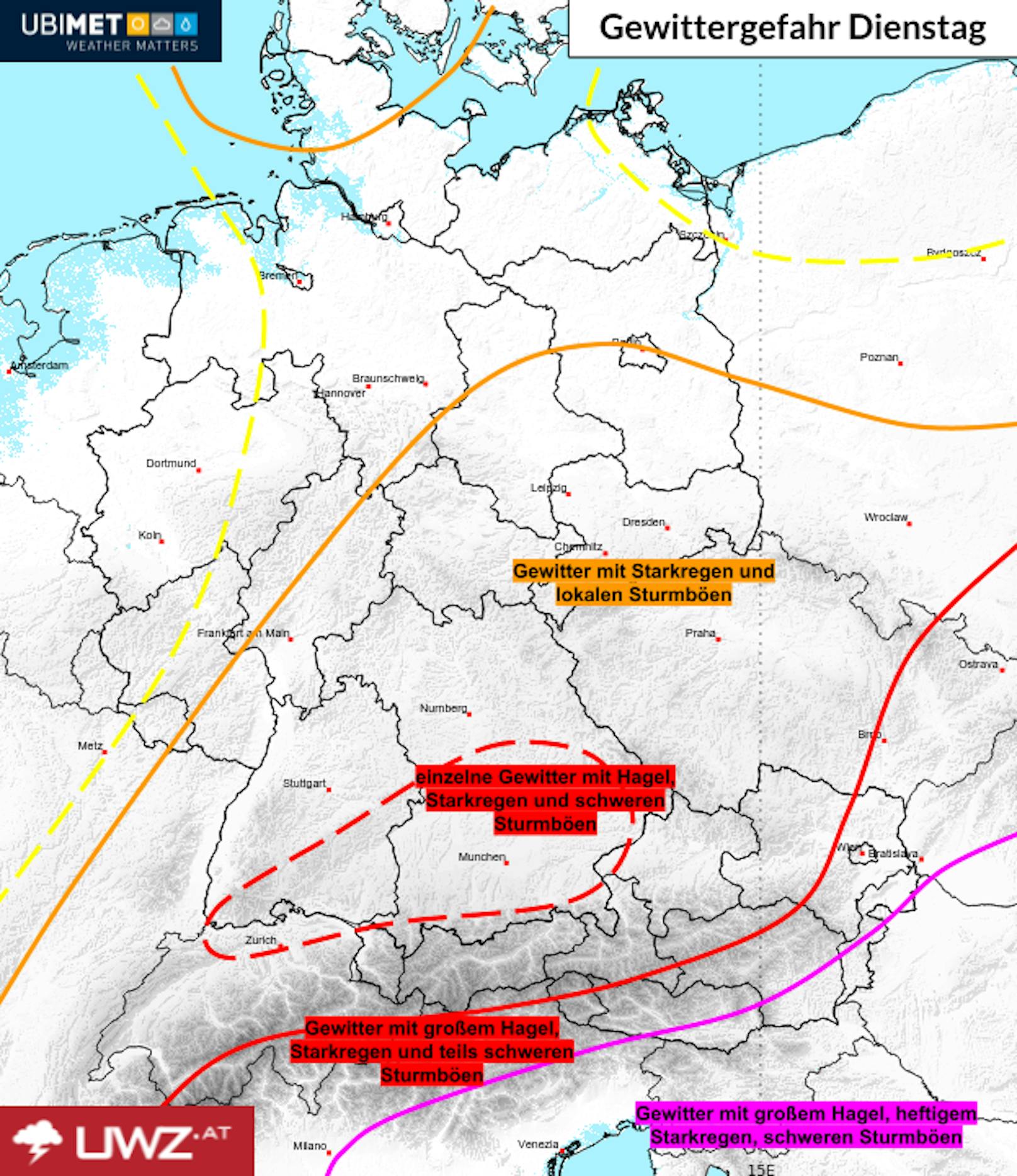 Die Gewittergefahren für Dienstag.