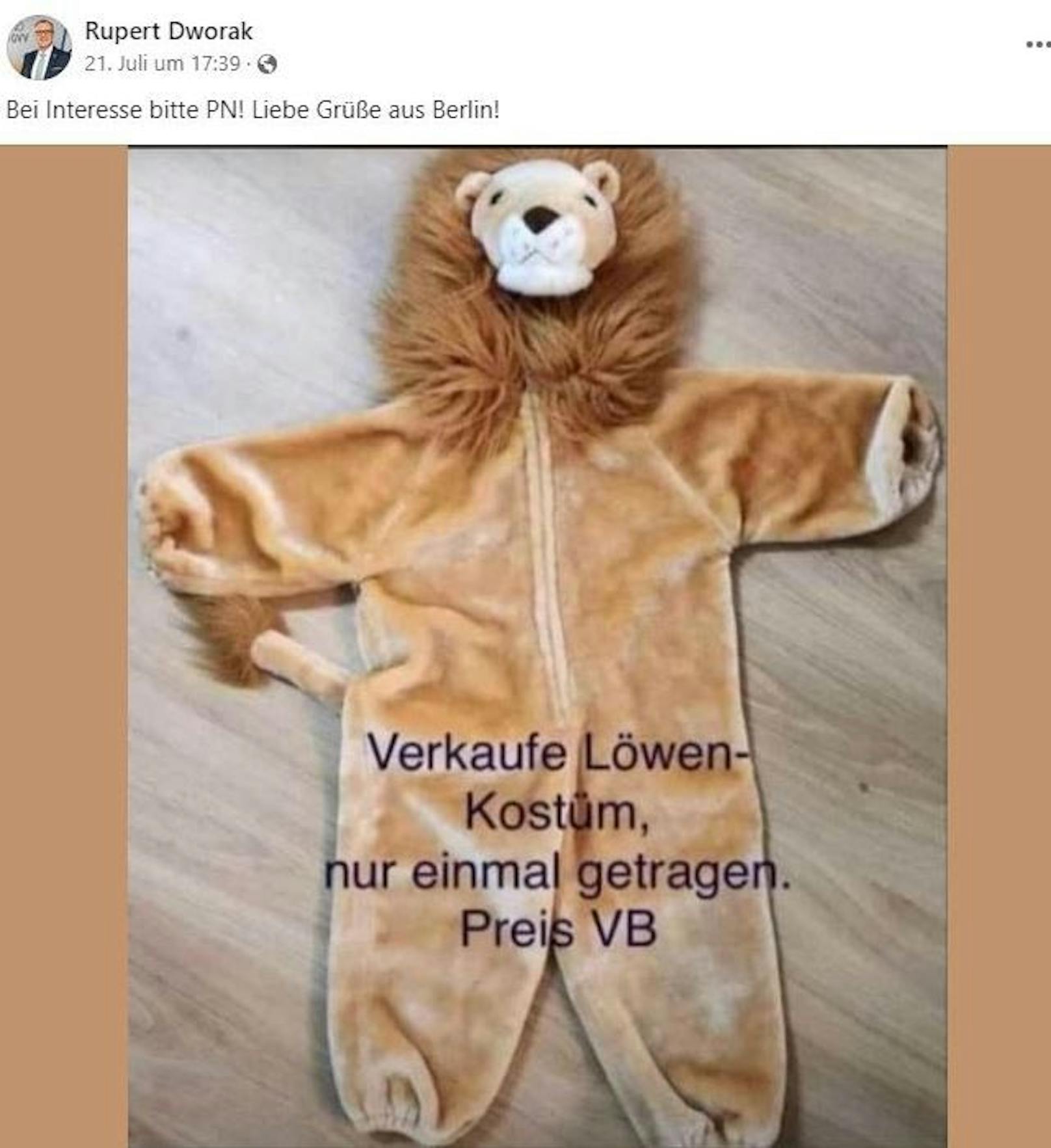 GVV-Präsident und Bürgermeister von Ternitz Rupert Dworak bietet ein 1x getragenes Löwen-Kostüm an.