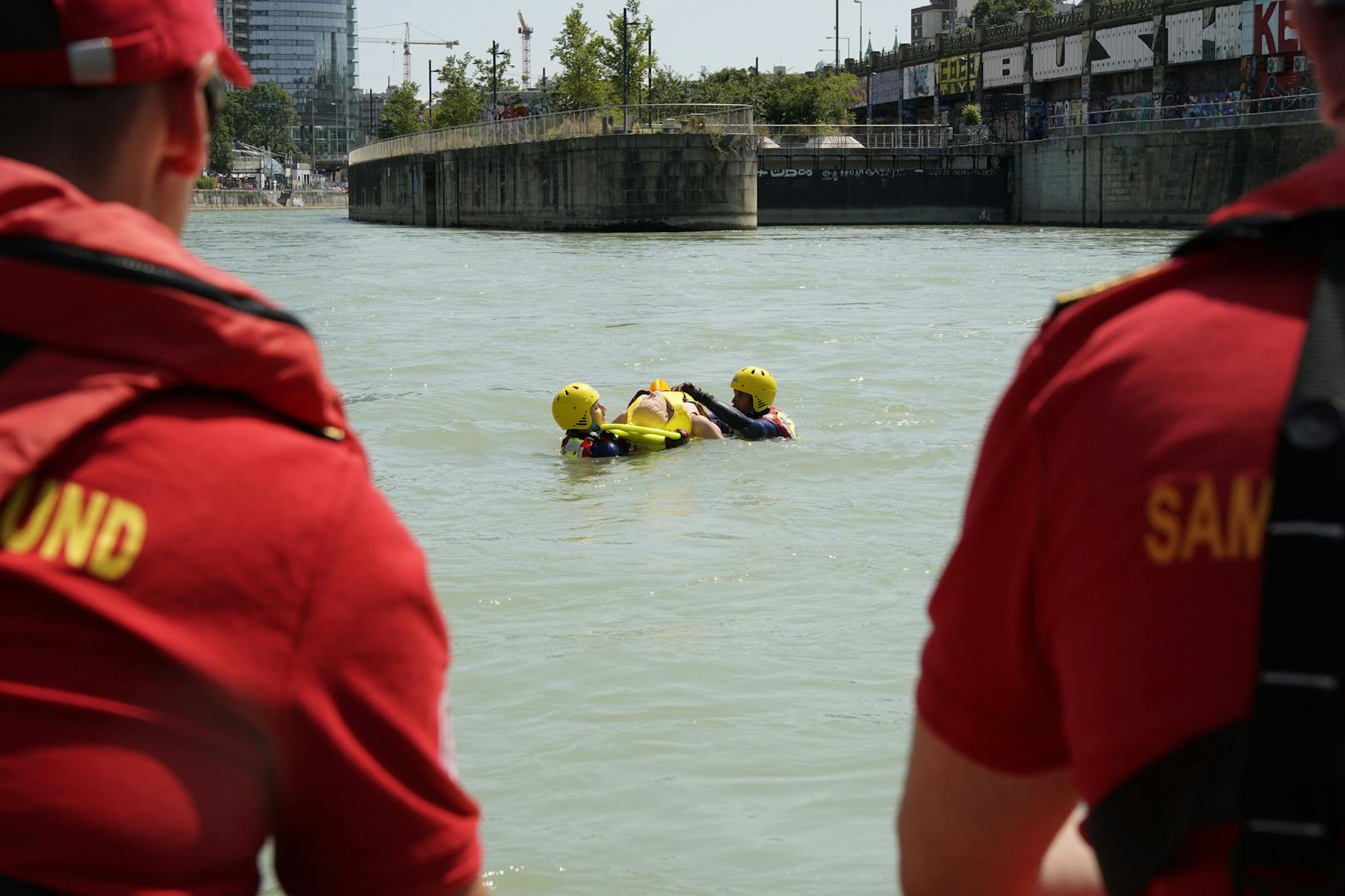 Die Teilnehmer der Rettung sprangen beherzt ins Wasser,…