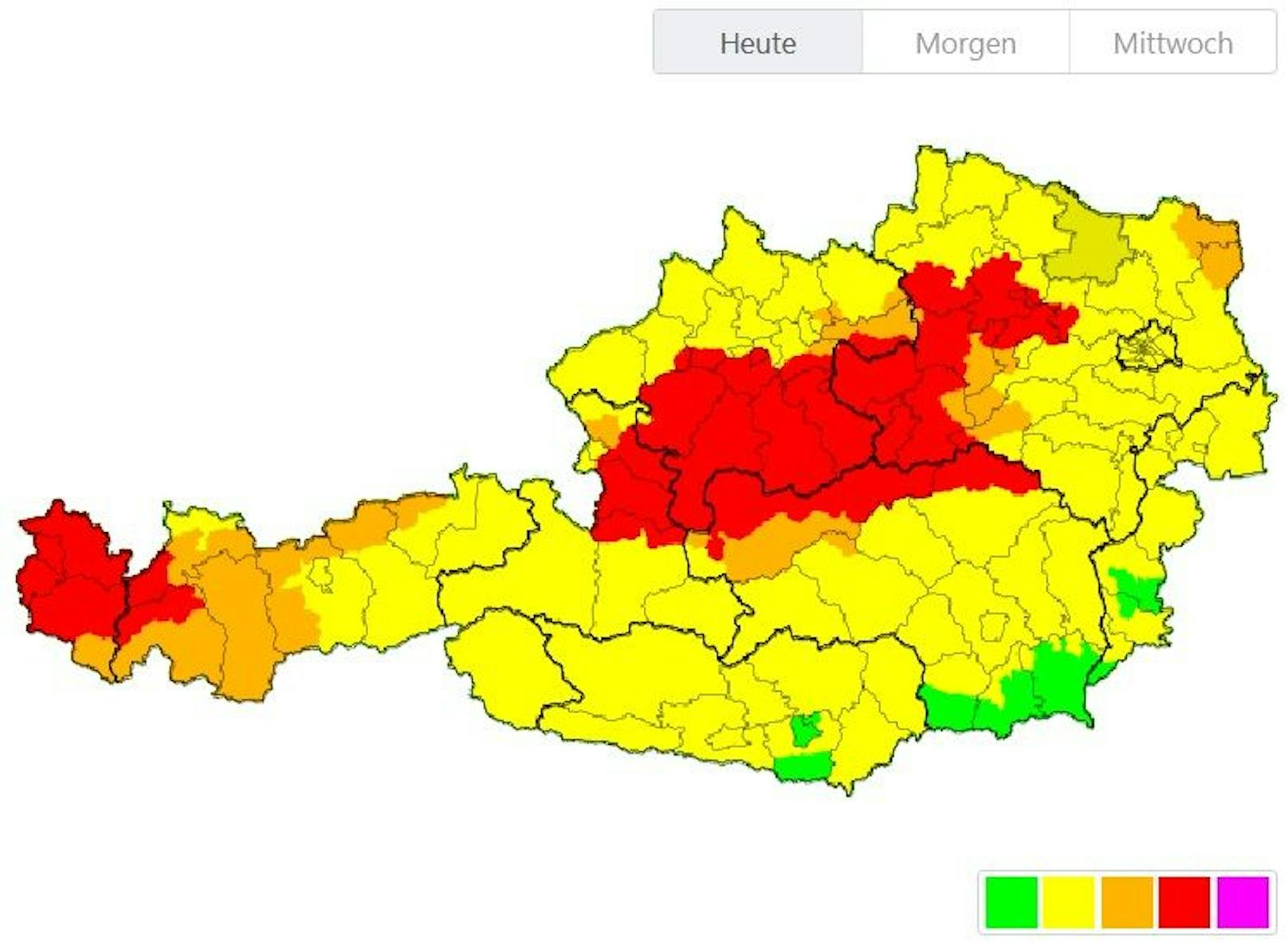 In weiten Teilen Österreichs mittlerweile Warnstufe Rot. 