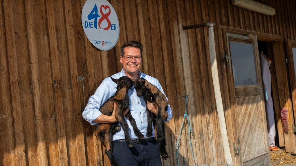 Stadtrat Jürgen Czernohorszky (SPÖ) mit dem herzigen Ziegen-Nachwuchs.