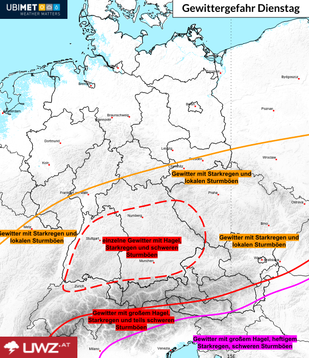 Gewittergefahr am Dienstag.