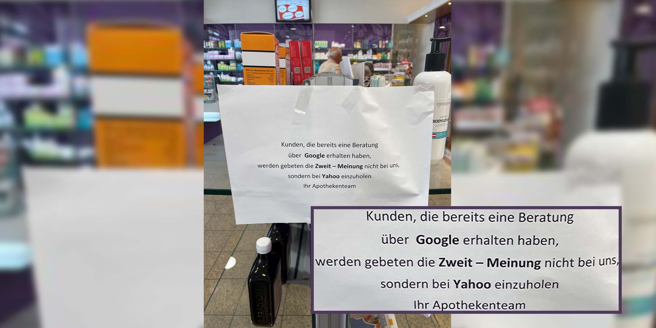 Eine Wienerin muss über ein Aushängeschild ihrer Apotheke schmunzeln.