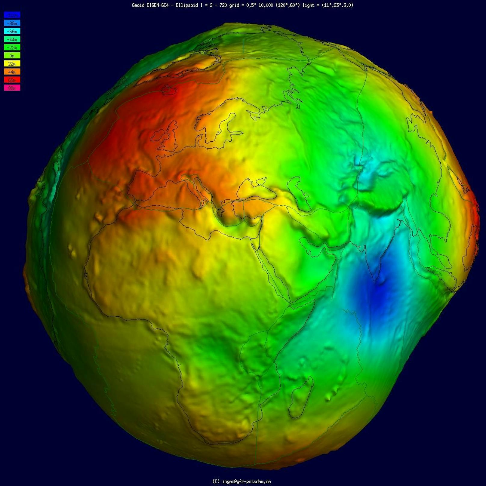 Die Erde ist keine Kugel, sondern ähnelt einer "klumpigen Kartoffel". Diese Karte veranschaulicht die Dellen in 10.000-facher Verstärkung.