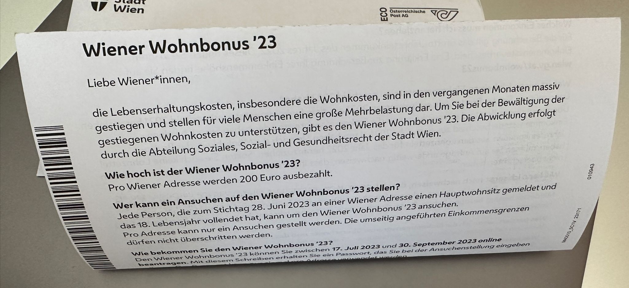 Wiener, die diesen Brief erhalten, dürfen sich freuen.