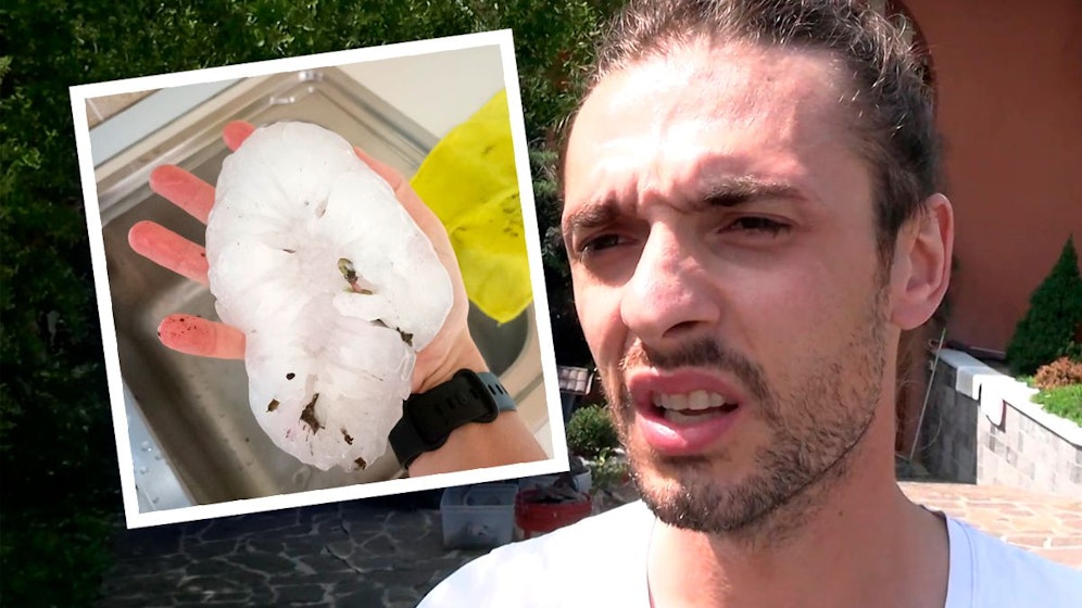 Francesco Spangnol und seine Mutter fanden den Rekord-Hagel (links im Bild) in ihrem Garten in Azzano Decimo.