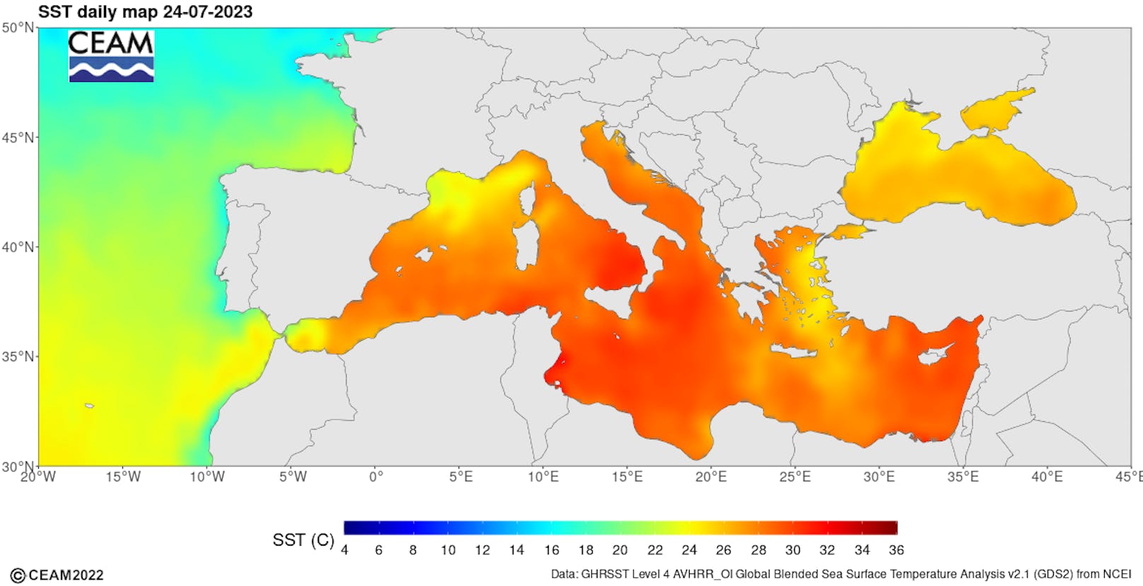 Am 24. Juli 2023 wurde mit 28,71 Grad an der Wasseroberfläche des Mittelmeers ein neuer Temperaturrekord aufgestellt.