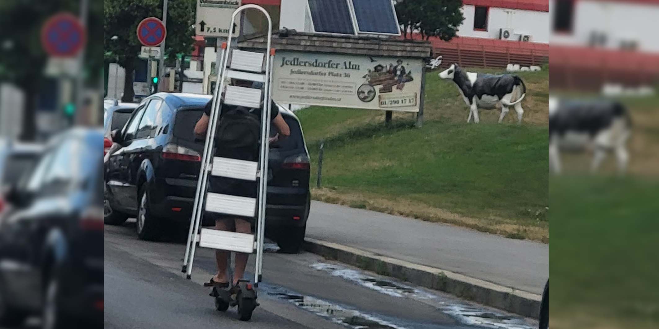 Ein E-Scooter-Fahrer wurde einfallsreich, als es darum ging, eine Leiter zu transportieren