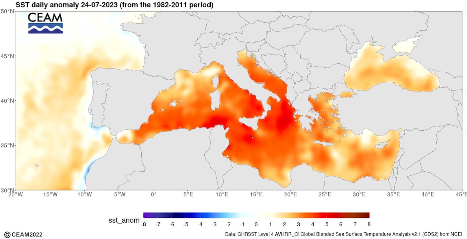 Mittelmeer deutlich zu warm: Am 24. Juli 2023 wurde mit 28,71 Grad an der Wasseroberfläche ein neuer Temperaturrekord aufgestellt.