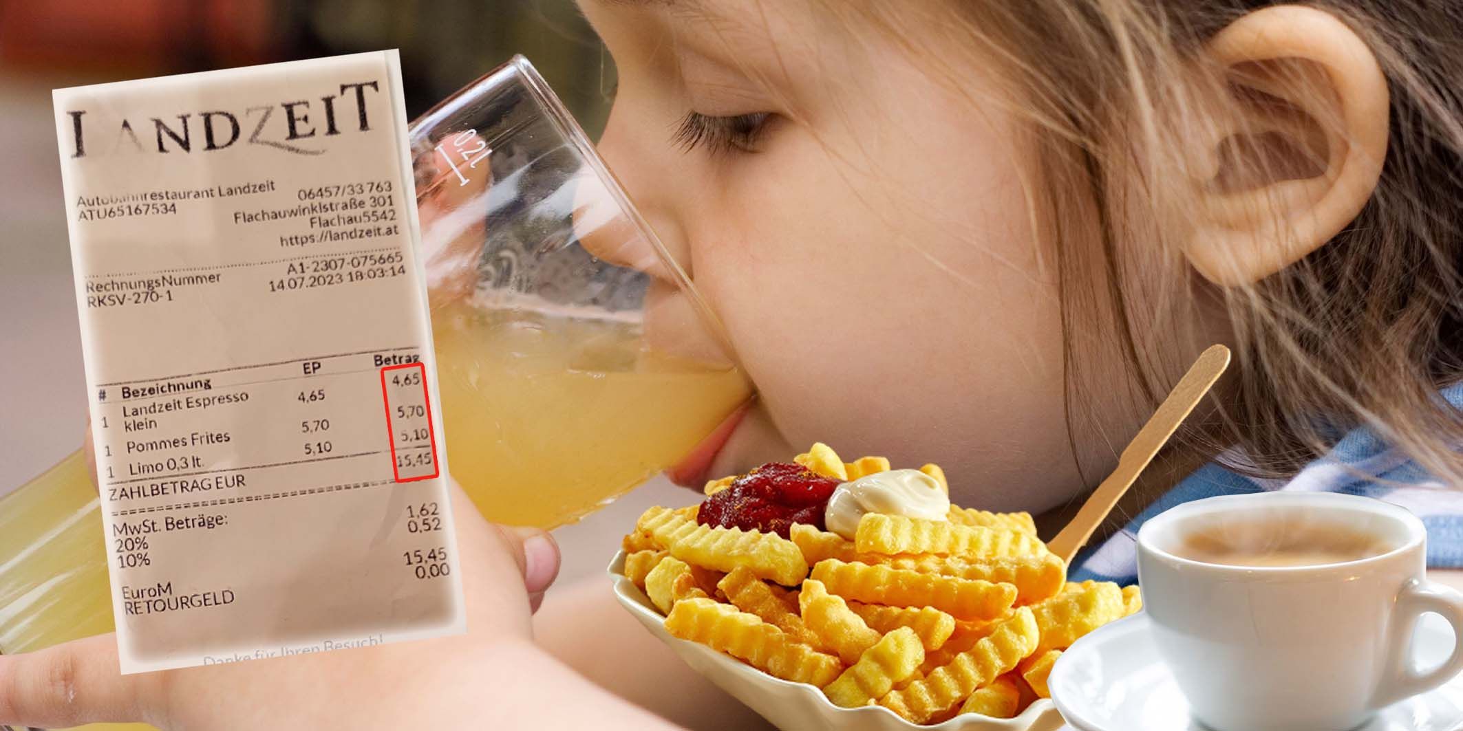 Für eine Mutter aus Kärnten ist der Preis für Pommes, Saft und Espresso an einer Raststätte viel zu hoch.