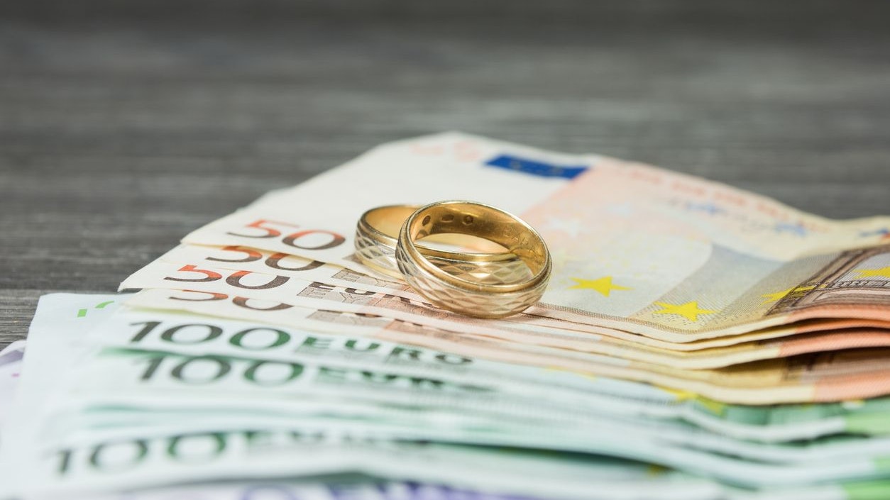 Two wedding rings and euro banknotes