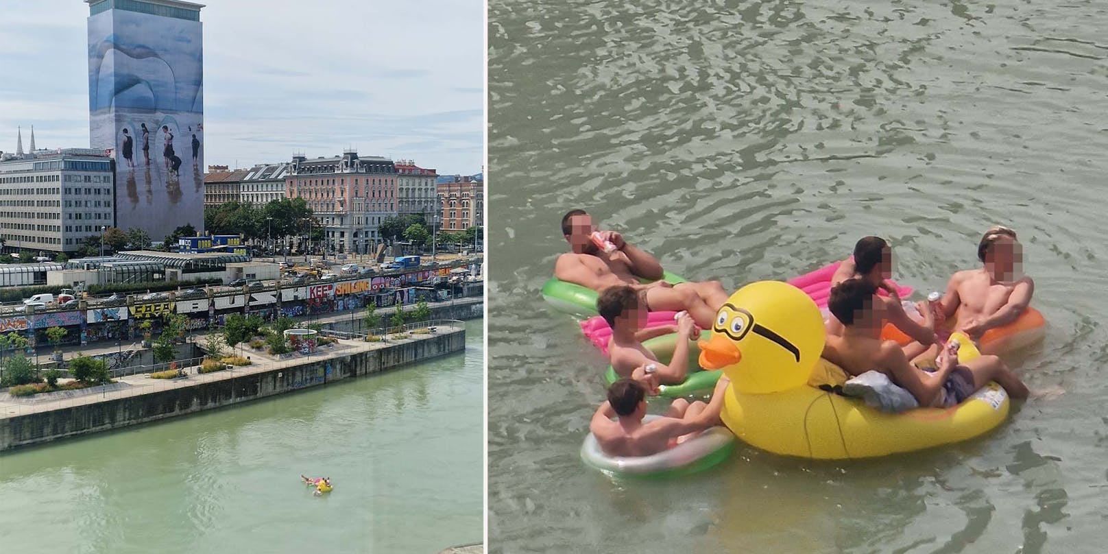 Teenies planschen mit Gummi-Ente und Bier in Donaukanal