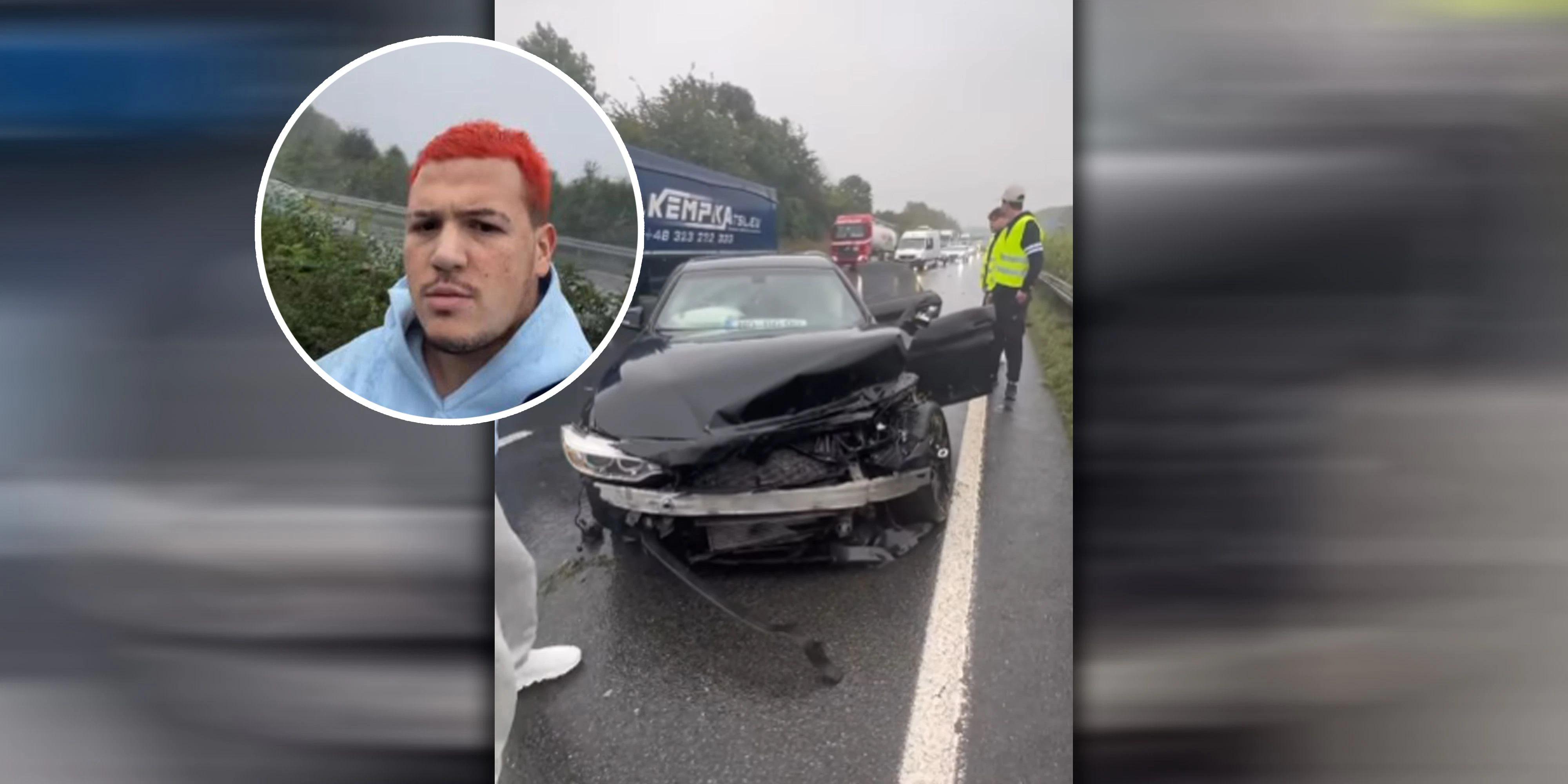 Barello vor dem kaputten Wagen.