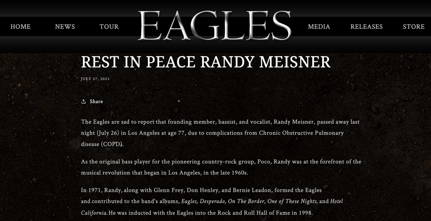 Auf der Webseite der Eagles verkündet die Band den Tod von Randy Meisner.