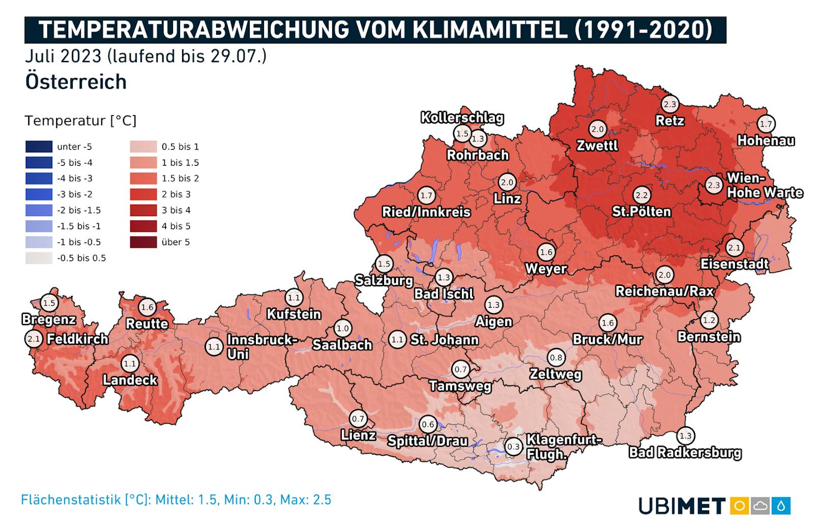 Wetter-Monatsrückblick Juli 2023: <strong>Abweichung der Temperaturen vom langjährigen Mittel</strong>