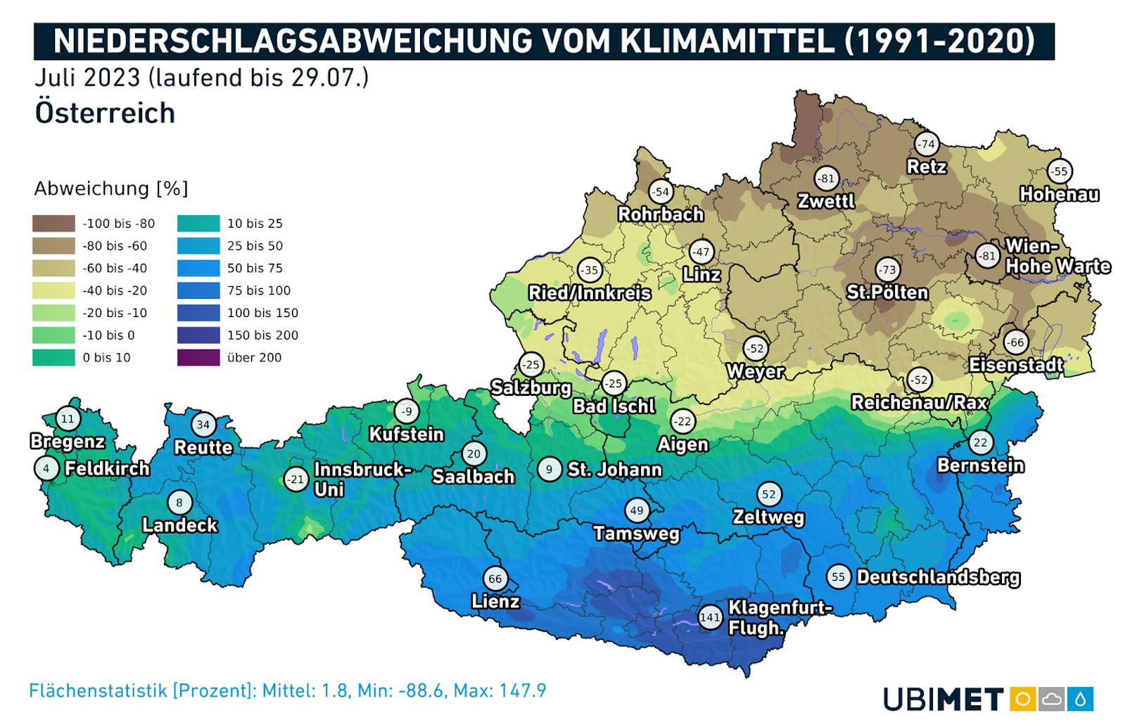 Wetter-Monatsrückblick Juli 2023: <strong>Abweichung der Niederschlagsmengen vom langjährigen Mittel</strong>