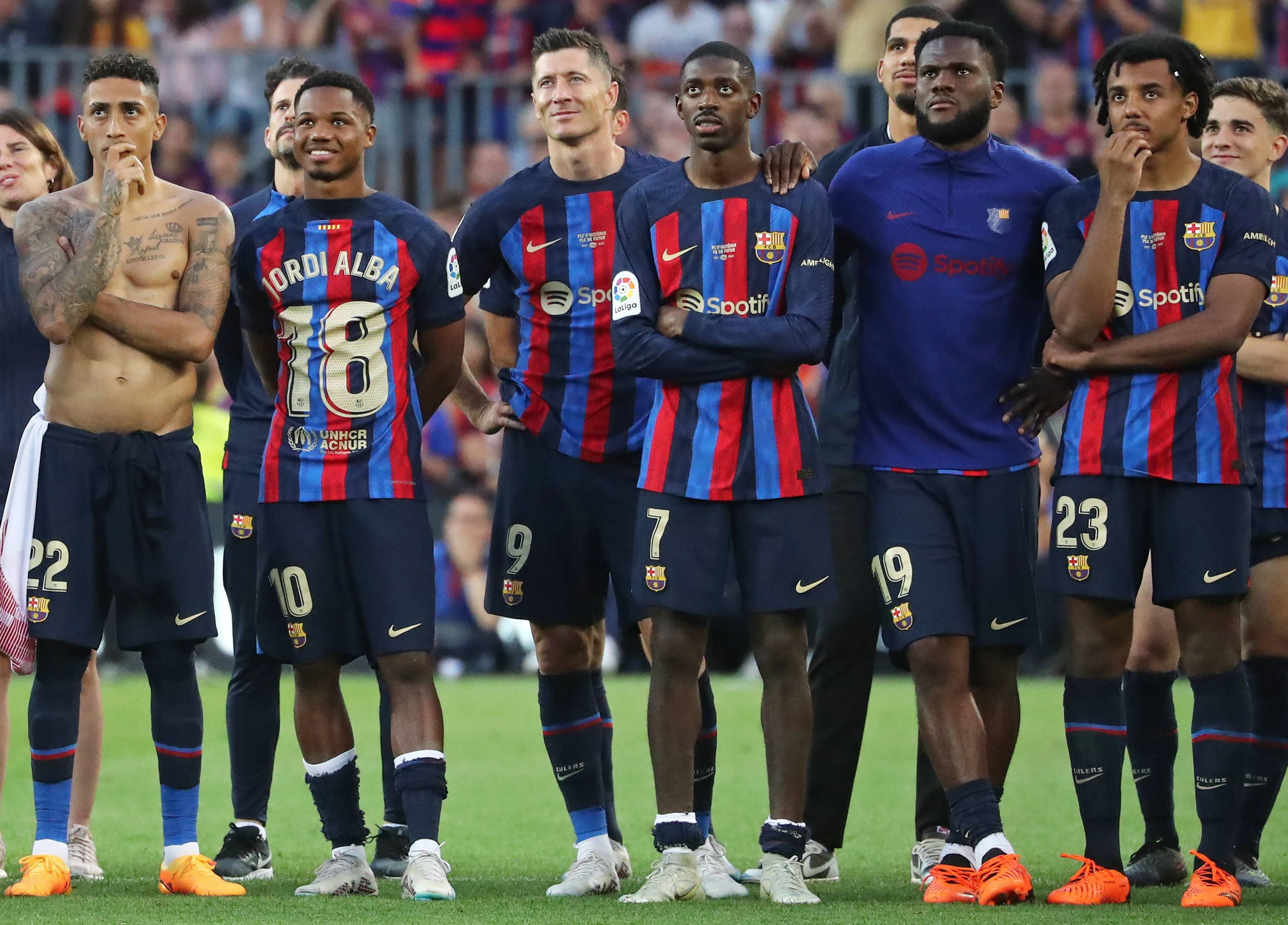 FC Barcelona, Barca v RCD Mallorca - LaLiga Santander Raphinha Dias, Ansu Fati, Robert Lewandowskiu, Ousmane Dembele, Krank Kessie and Jules Kounde during the farewell to Sergio Busquets and Jordi Alba, after playing his last game with FC Barcelona against RCD Mallorca, corresponding to the week 37 of the Liga Santander, played at the Spotify Camp Nou Stadium, in Barcelona, on 28th May 2023. Barcelona Barcelona Spain PUBLICATIONxNOTxINxFRA Copyright: xUrbanandsportx originalFilename:urbanandsport-farewell230528_npAOH.jpg