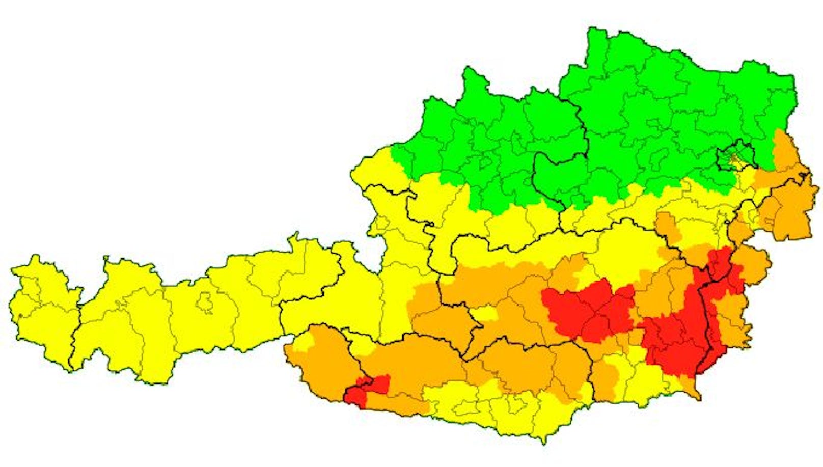 Die aktuelle Unwetterwarnkarte für Österreich am 1. August 16.30 Uhr.