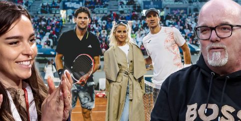 Berühmte Daumendrücker bei Dominic Thiem. Freundin Lily Paul-Roncalli (l.), DJ Ötzi (r.), Supermodel Caro Daur (m.).