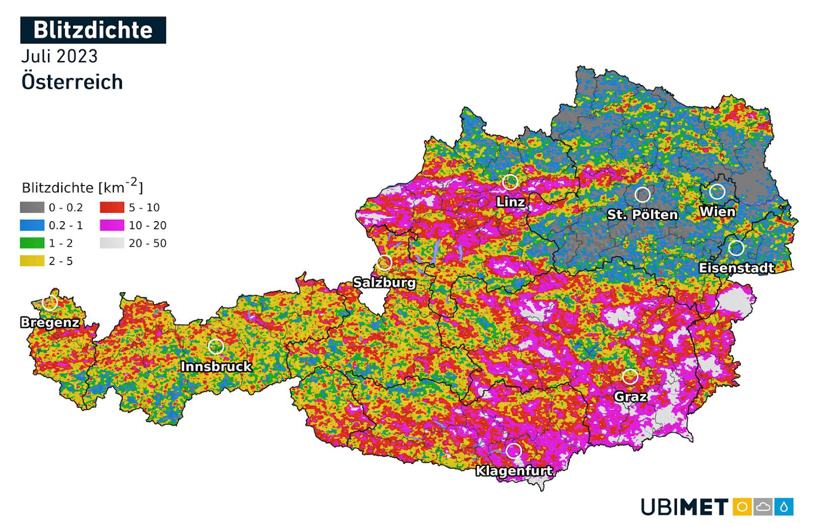 Vom 1. bis 31. Juli registrierte die Unwetterzentrale (UWZ) über ganz Österreich verteilt exakt 485.911 Blitze (Wolken- und Erdblitze).