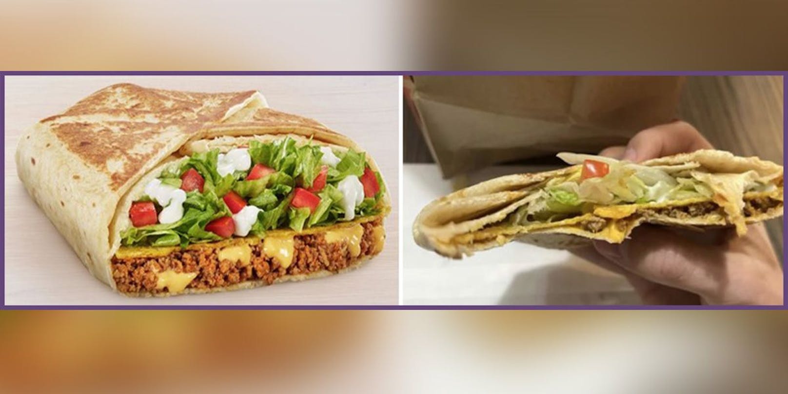 Links: Wie der "Grande Crunchwrap" in der Taco-Bell-Werbung präsentiert wird, rechts wie er in Wirklichkeit aussieht.