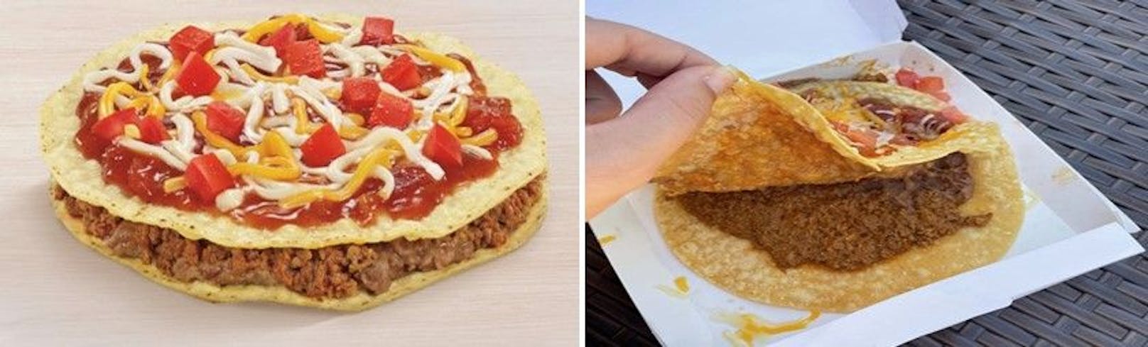 Links: Die "Veggie Mexican Pizza" wie sie in der Werbung verkauft wird. Rechts: Was die Konsumenten bekommen.
