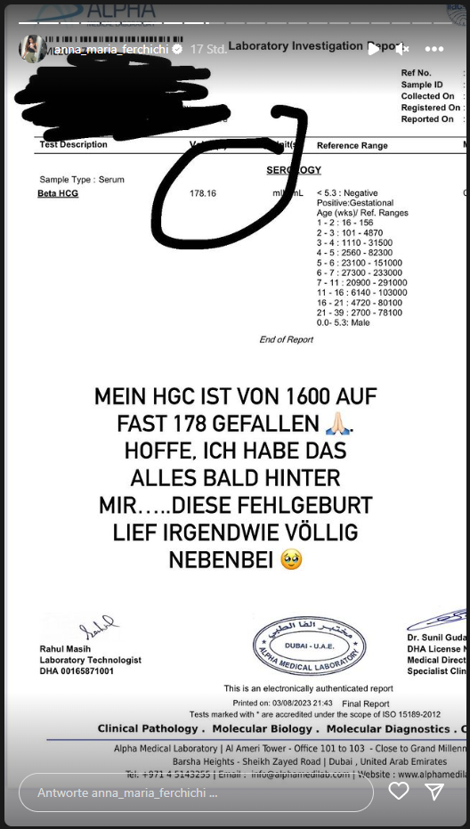 Anna-Marias HCG Wert ist endlich gefallen.