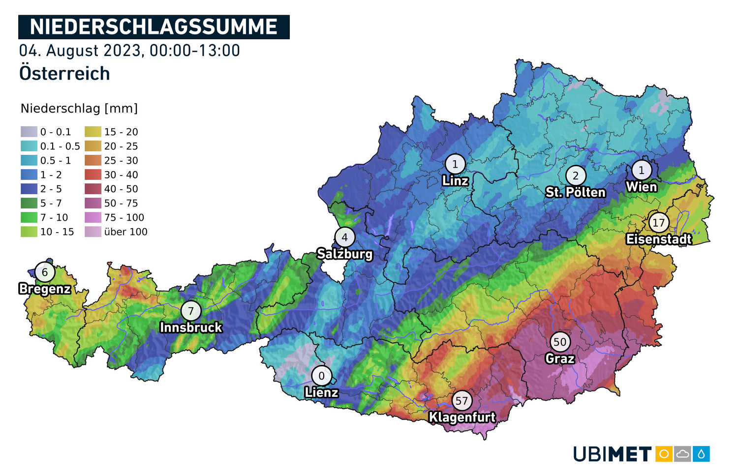 Die Regenmengen am Freitag von 0 bis 13 Uhr.