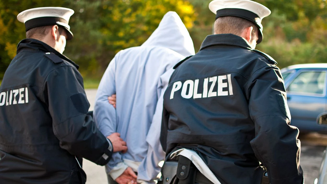 Two police officers are frogmarching a criminal with a mask.