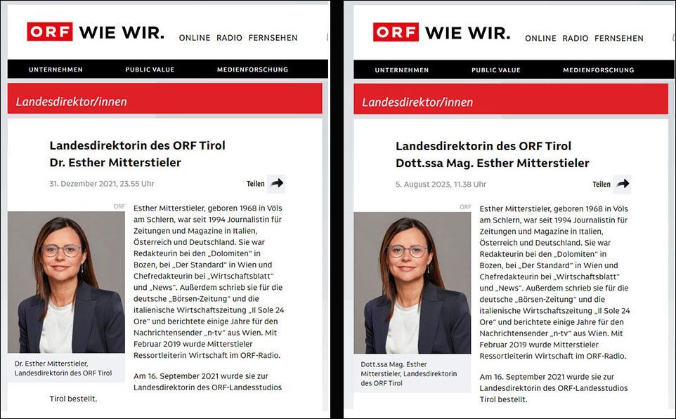 Mittlerweile wurde der Titel der Tiroler Landesdirektorin vom ORF ausgebessert.