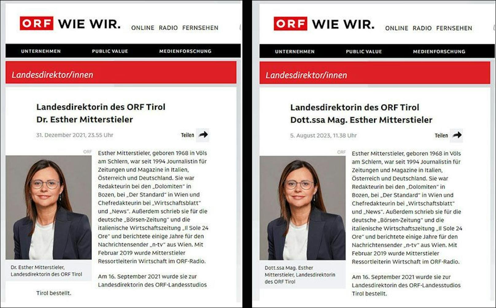 Mittlerweile wurde der Titel der Tiroler Landesdirektorin vom ORF ausgebessert.