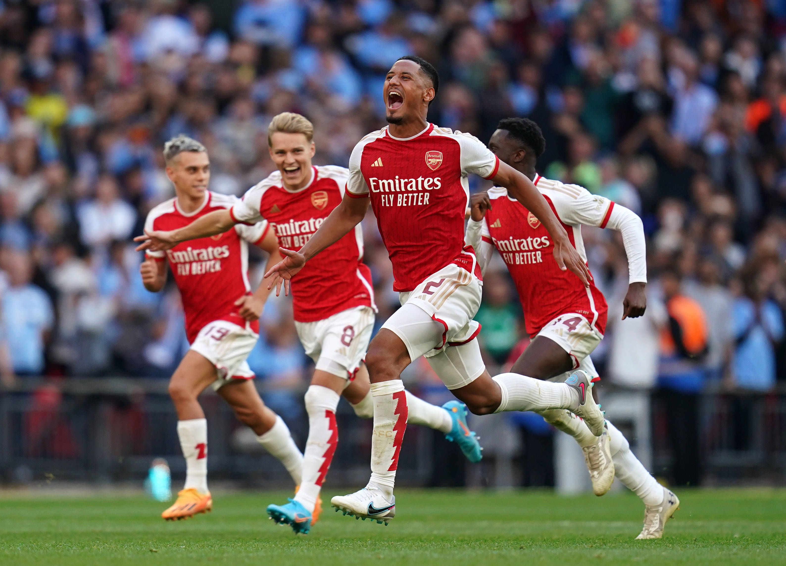 Arsenal v Manchester City - FA Community Shield - Wembley Stadium Arsenal s William Saliba and team-mates celebrate after winning the penalty shoot-out after the FA Community Shield match at Wembley Stadium, London. Picture date: Sunday August 6, 2023. EDITORIAL USE ONLY No use with unauthorised audio, video, data, fixture lists, club/league logos or live services. Online in-match use limited to 120 images, no video emulation. No use in betting, games or single club/league/player publications. PUBLICATIONxNOTxINxUKxIRL Copyright: xJohnxWaltonx 73257337