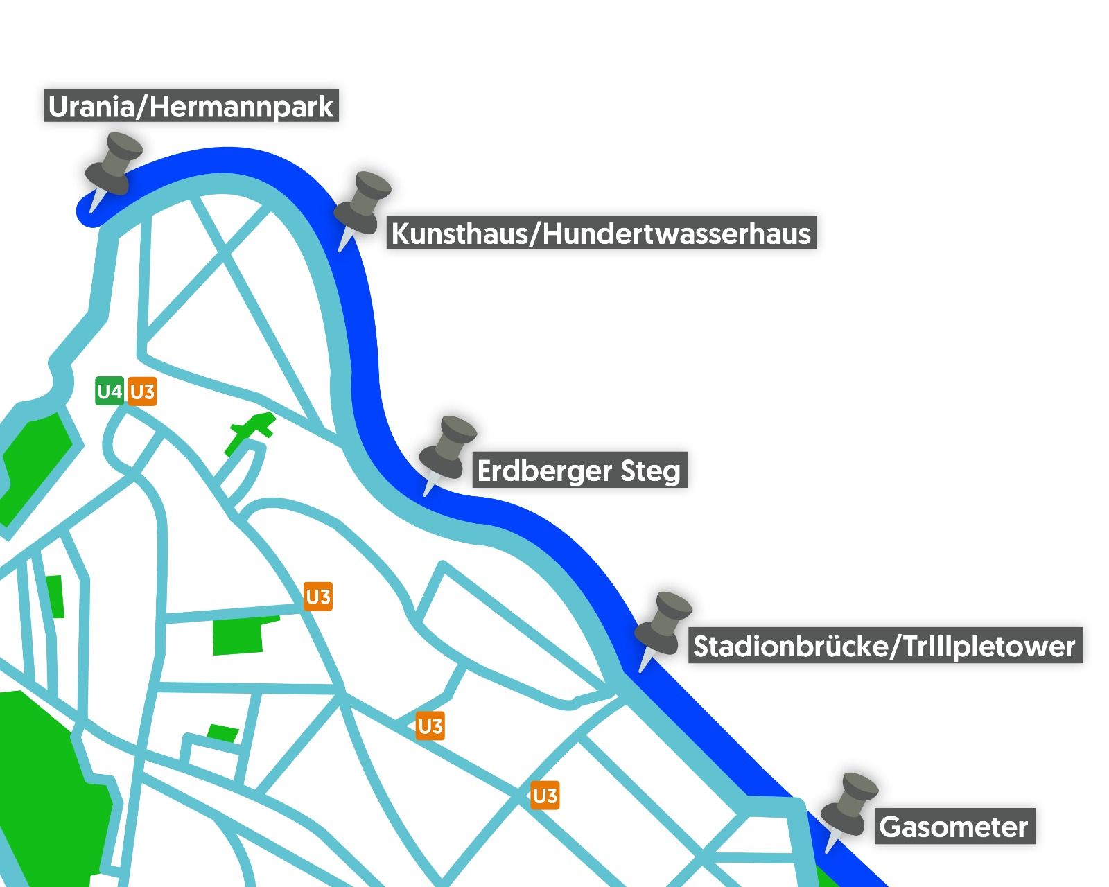 So könnten laut Gemeinderätin Laura Sachslehner mögliche Haltestellen des Wasserbusses aussehen.
