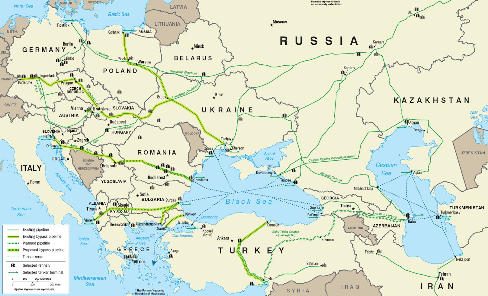 Die Druschba-Ölpipeline (russisch für "Freundschaft") führt von Russland via Belarus nach Polen bzw. via die Ukraine in die Slowakei.
