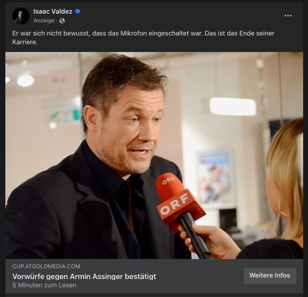 So sieht der täuschend echte Assinger-Artikel auf Facebook aus, wird dort von mutmaßlichen Betrügern beworben.