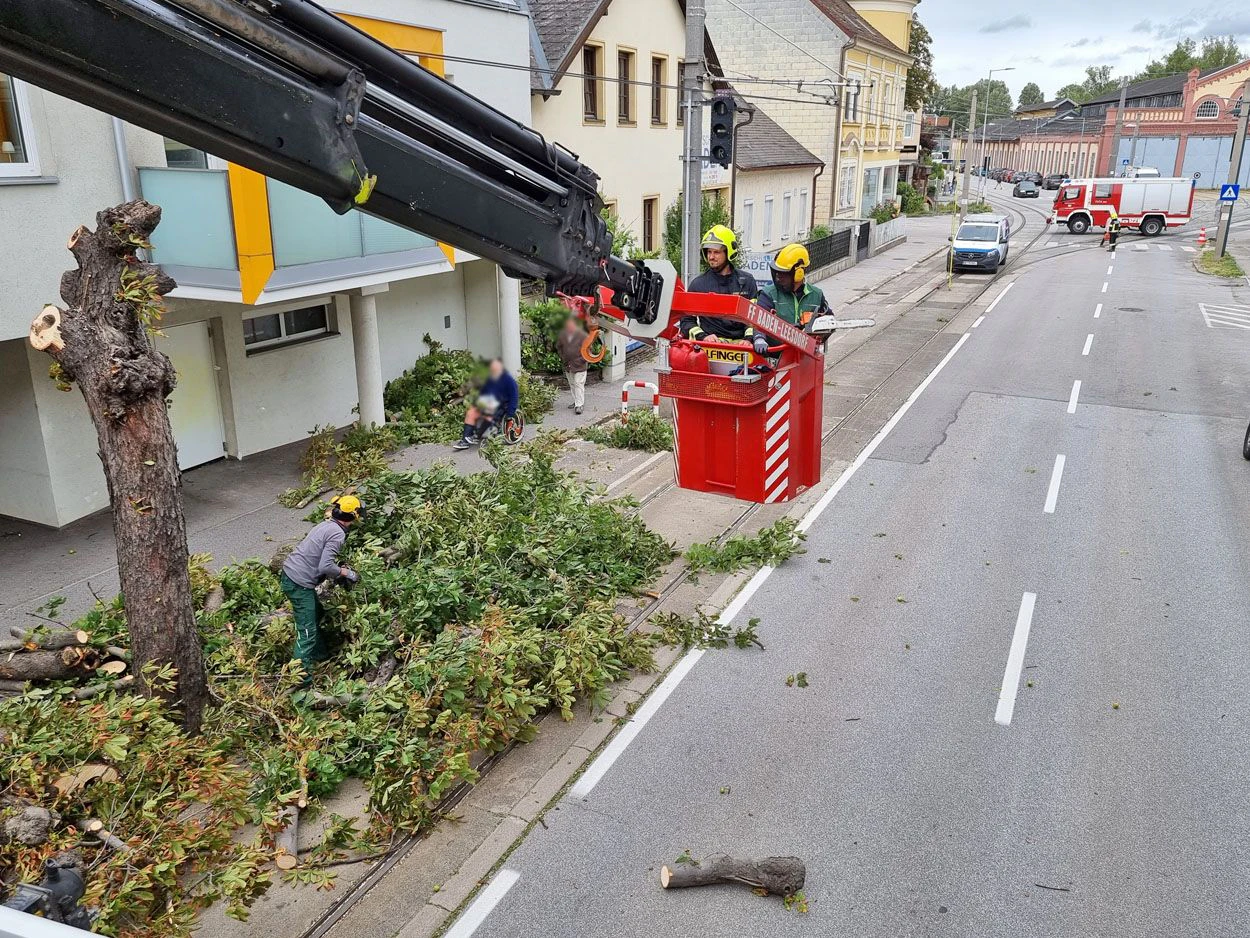 Sturm sorgte für Feuerwehreinsätze, die Badner Bahn stand mehrere Stunden still.