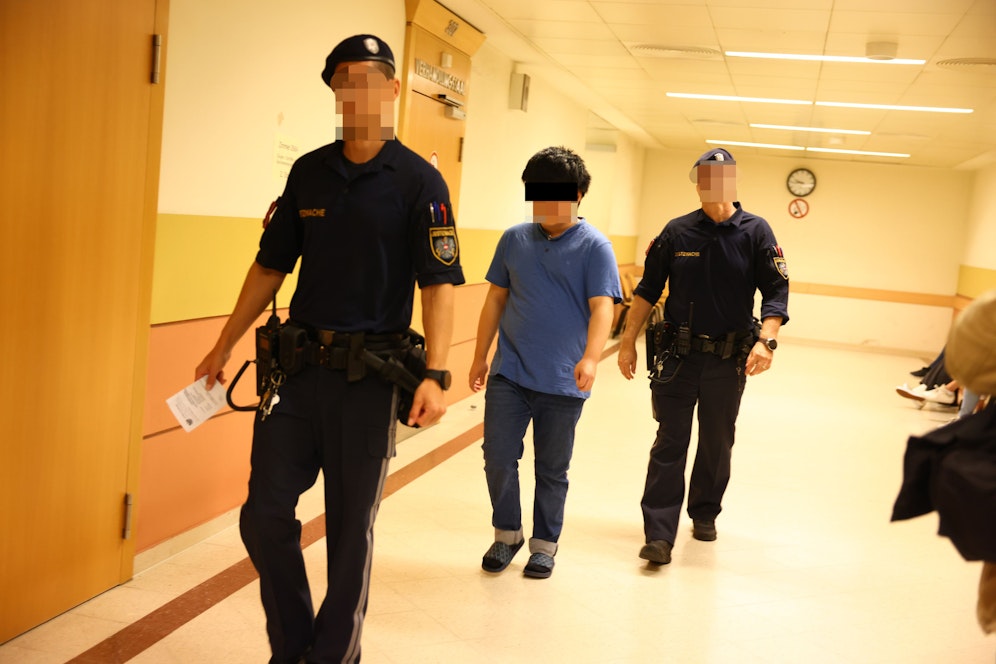 Der 18-jährige schlurfte gebückt in zu großen Badeschlapfen in den Gerichtssaal am Wiener Landl.