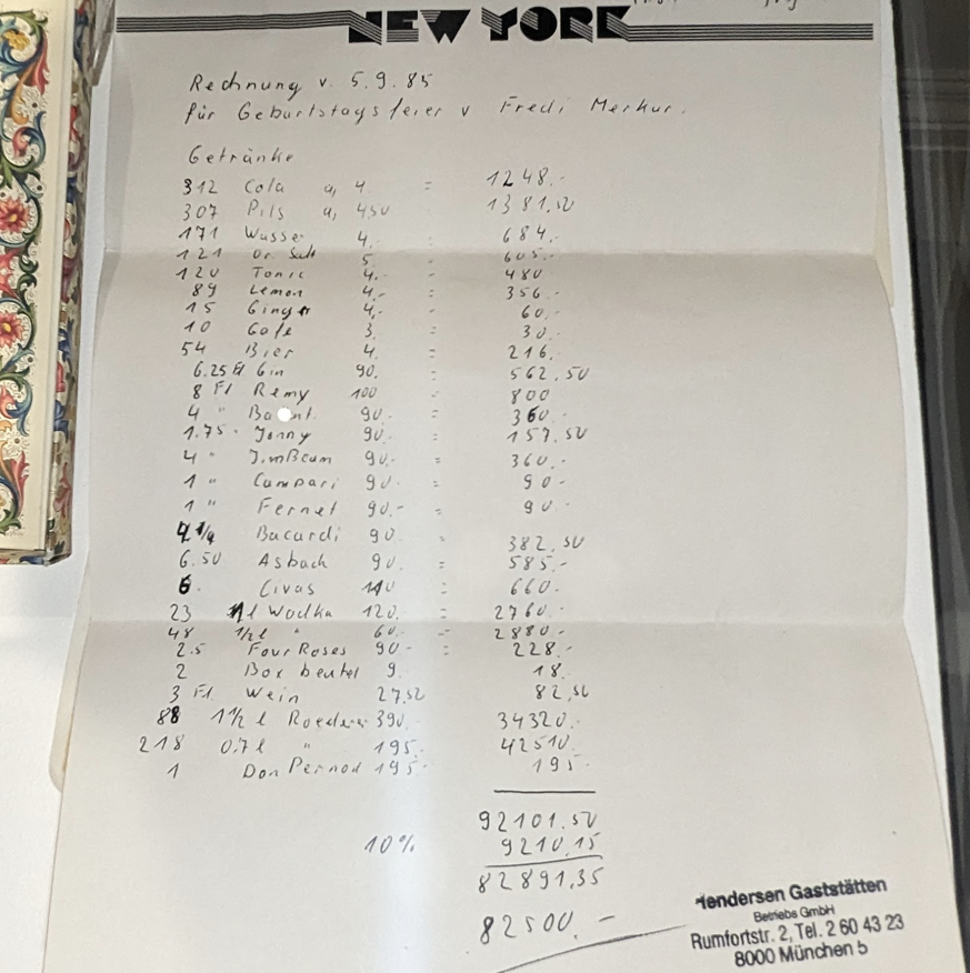 Die Getränkerechnung von "Fredi Merkur"s 39. Geburtstagsparty.
