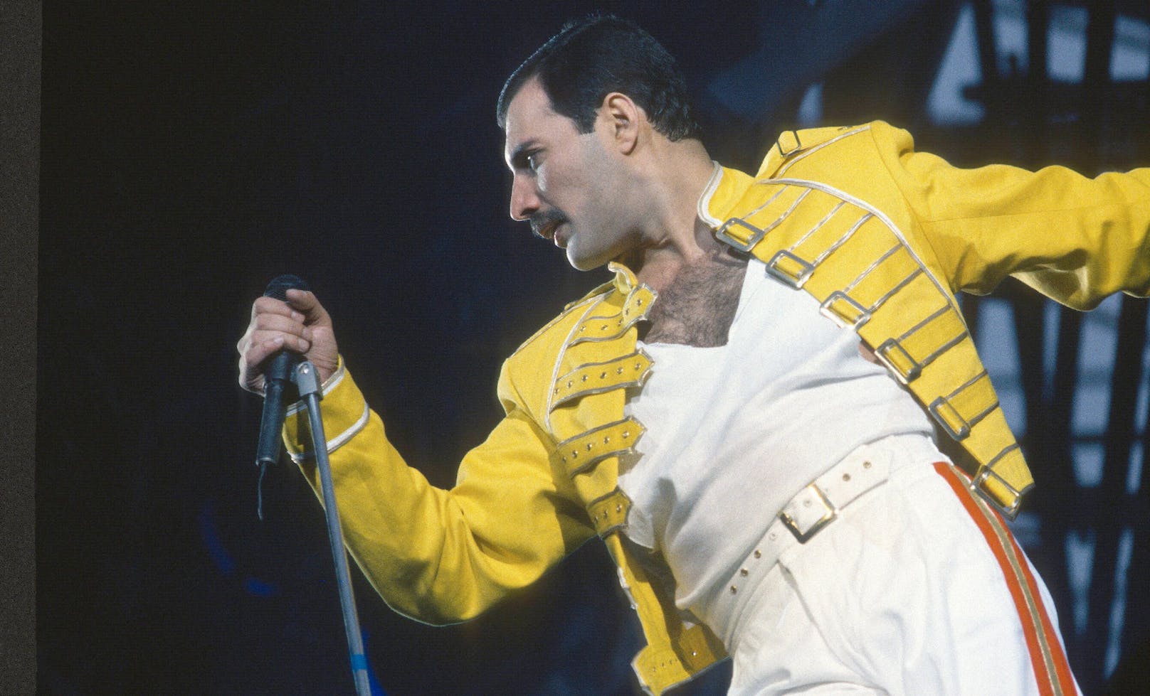<strong>Queen</strong>-Frontmann <strong>Freddie Mercury</strong> beim Neujahrskonzert 1986 im Londoner Wembley Stadion.