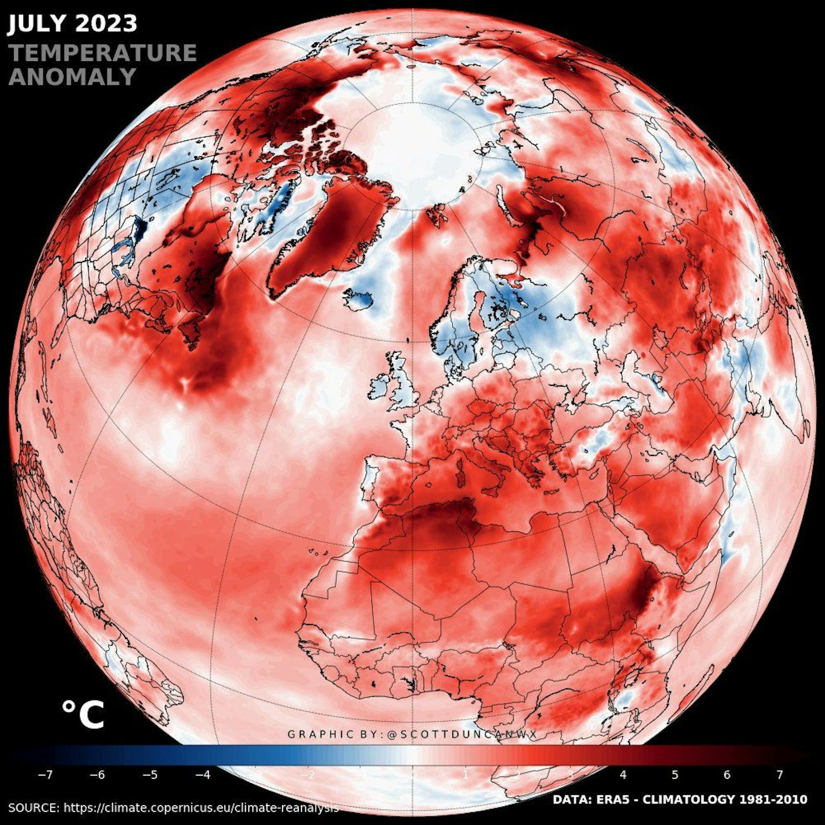 Die Temperatur-Anomalie im Juli 2023 war gravierend. (Rot=heißer, blau=kühler als die mittleren Juli-Temperaturen 1981-2010)
